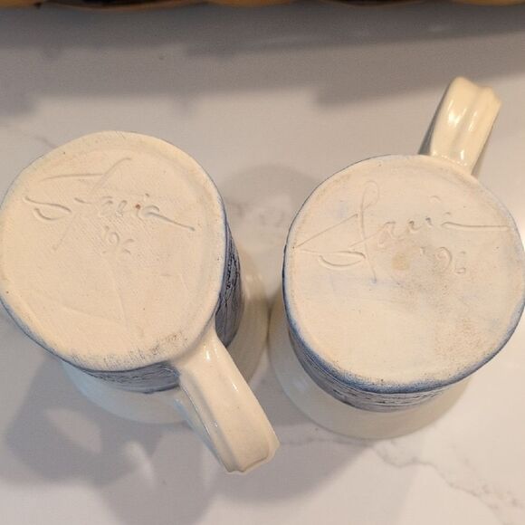 Hand Crafted Blue and Cream Art Pottery Coffee Cups Vintage Tea Mugs Set of 2 - Picture 8 of 12